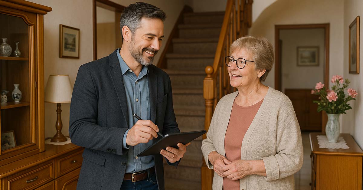 Ein Immobilienmakler besichtigt gemeinsam mit der Eigentümerin eine Immobilie und macht sich Notizen für seine Immobilienbewertung | Immobilienbewertung